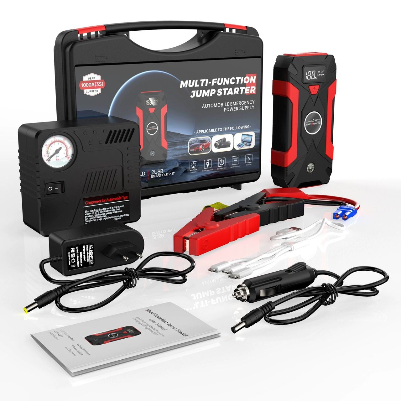 Booster Batterie Auto - Chargeur de batterie d'urgence 12V, batterie de voiture avec compresseur 99800, dispositif de démarrage rapide